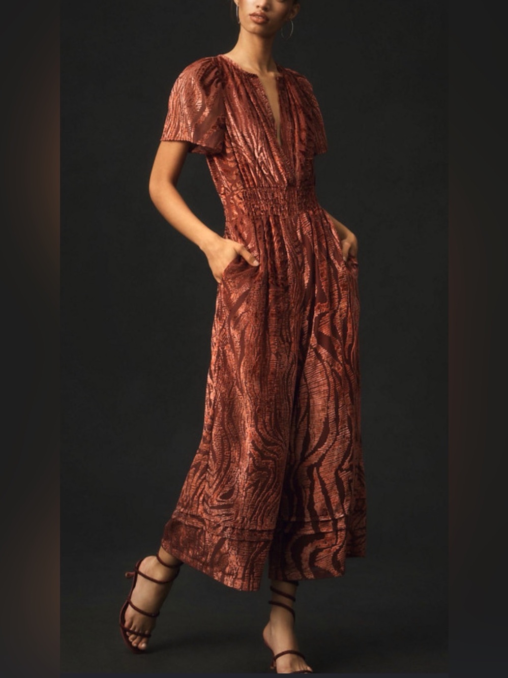 Anthropologie The Somerset Jumpsuit, Velvet, burnt orange, large